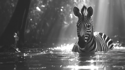 A black and white photograph of a zebra standing in calm waters © Fotograf