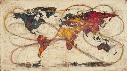 Naklejka premium A world map with multiple colorful lines crisscrossing oceans and borders, illustrating global economic exchanges.
