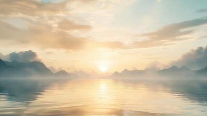 Naklejka premium Serene sunrise over calm water with misty mountains in the background.