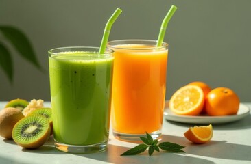 Fototapeta premium Green vegan smoothie. Smoothie with apple, banana and avocado. Detox menu