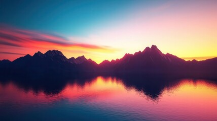 Breathtaking sunset over mountain range reflected in calm water.