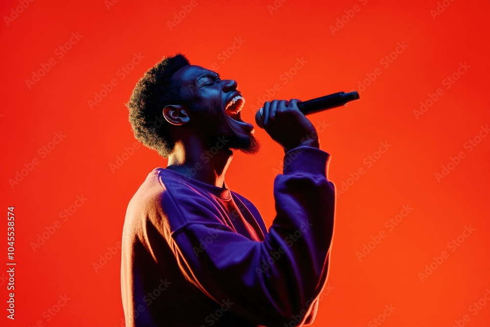 Poster A person singing into a microphone against a bright red background, ideal for use in music-related contexts such as concerts or promotional materials