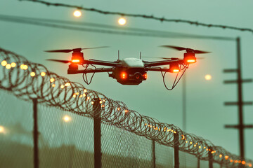 Drones flying over barbed wire fence with illuminated lights for enhanced military security and border control at dusk