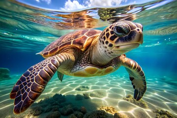 Obraz premium A Stunning Underwater Image of a Sea Turtle Swimming in Crystal-Clear Waters, Highlighting the Importance of Ocean Health