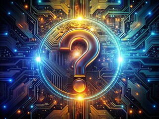 Abstract Technology Exploration with Glowing Question Mark in Digital Landscape