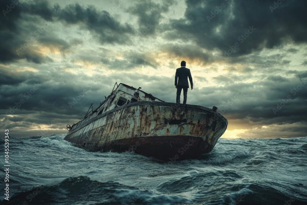 Poster a man stands on the deck of a boat in the middle of the ocean, surrounded by open water