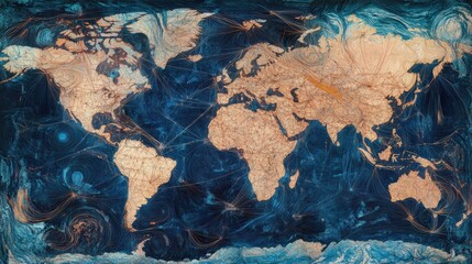 Fototapeta premium A world map with vivid connecting lines, depicting trade networks and shipping routes that span the globe.