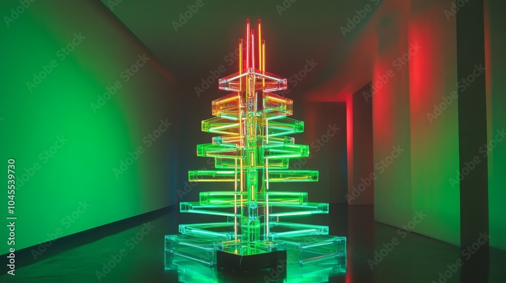 Leinwandbilder a striking neon christmas tree featuring layers of transparent materials emits colorful red and gree