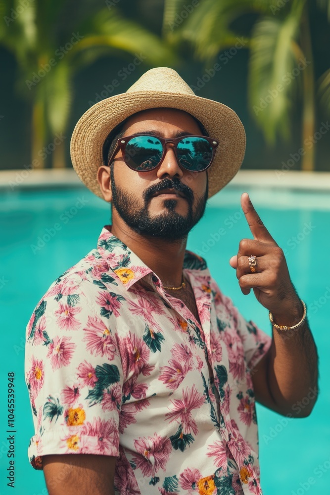 Poster a person in a hat and sunglasses pointing at an object, with a neutral expression
