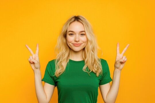 A woman in a green shirt holding up a peace sign, a gesture of unity and harmony