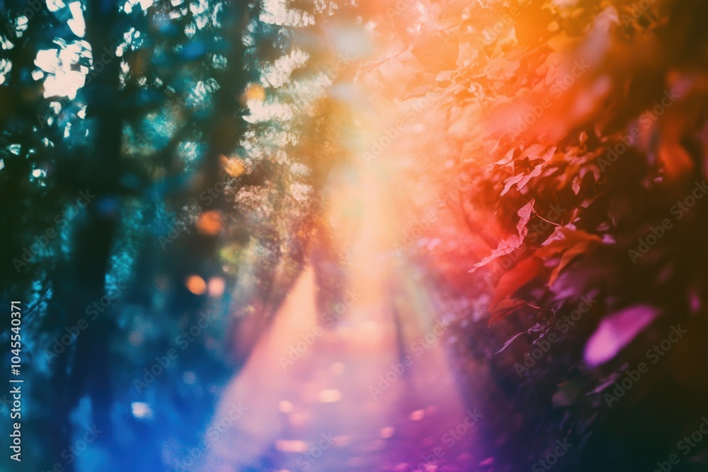 Poster a warm and bright scene with sunlight filtering through the leaves of a tree, great for spring or na