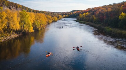 Fototapeta premium Two people in canoes paddle down a river, enjoying the scenery