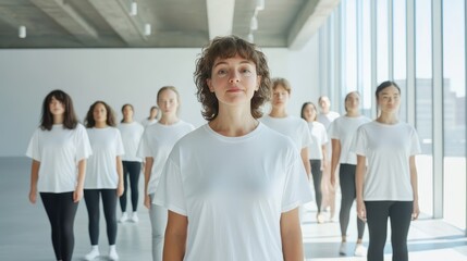 Models of different ages and ethnicities stand confidently in a bright, modern gallery