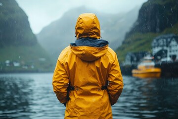 A lone figure in a yellow raincoat standing on a dock in the rain