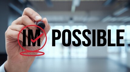 A Focused Close-Up of a Hand Erasing "IM" from the Word IMPOSSIBLE in a Modern Office. Transforming 'Impossible' into 'Possible' Overcoming Challenges and Achieving Success