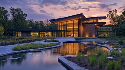 Fototapeta premium A stunning modern building reflects on tranquil waters at sunset in a serene park setting