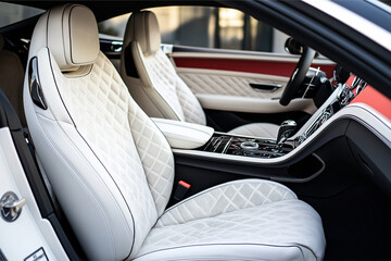 Modern sport white leather car seat interior perforated leather.	