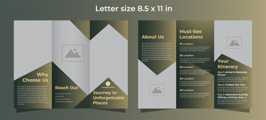 Trifold brochure template for travel compagny in green and yellow gradient colors