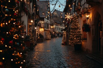 Naklejka premium Romantic cobblestone street in Rothenburg ob der Tauber, beautifully decorated for Christmas with charming houses and a captivating evening atmosphere.