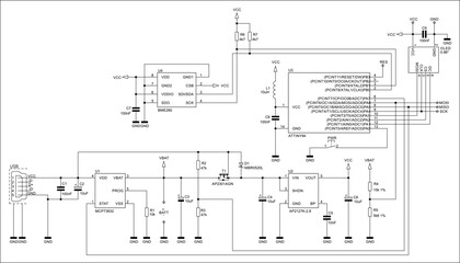 Schematic diagram of digital electronic device 
on paper sheet. Vector drawing electrical circuit with 
integrated circuit, microcontroller,
capacitor, resistor, transistor,
usb connector, inductance 