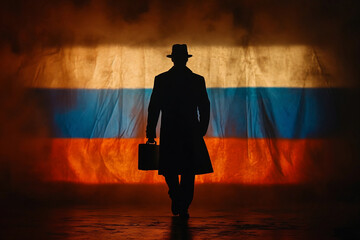 Silhouette of a Mysterious Figure with Briefcase Against Russian Flag Backdrop in Smoky Atmosphere - Spying Concept Image.