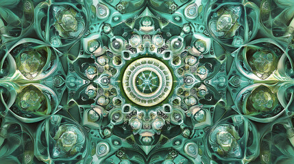 Green kaleidoscope pattern with intricate details, creating a visually stunning backdrop. Kaleidoscope Pattern. Illustration