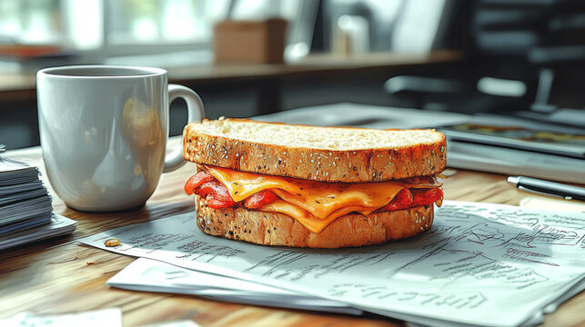 A work desk with a sandwich and a coffee mug, scattered with notes and pens, illustrating a quick but satisfying snack break during a busy workday,