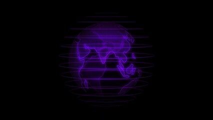 Glowing purple color technology hologram earth on black background