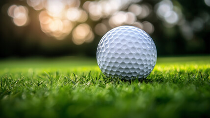Obraz premium White golf ball on picturesque green golf course at the sunset. Pitch is perfectly prepared, grass is neatly trimmed.