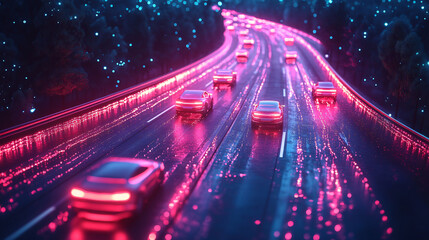 Fototapeta premium neon pink and blue night road with cars and lights abstract background
