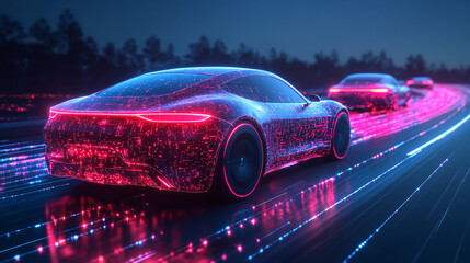Fototapeta premium cyberpunk futuristic car on a neon highway with blue and red lights