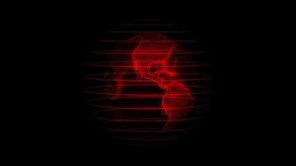 Glowing red technology hologram earth on black background