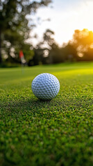 Obraz premium White golf ball on picturesque green golf course at the sunset. Pitch is perfectly prepared, grass is neatly trimmed.
