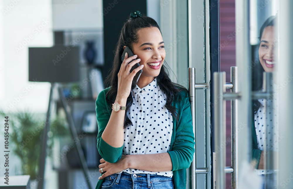 Wall mural happy woman, window and talking with phone call for conversation or business chat at office. young, 