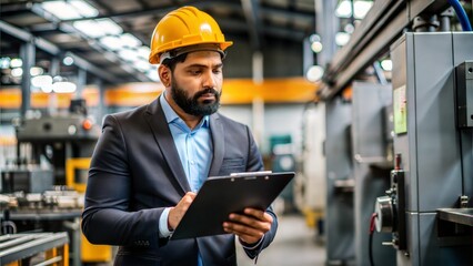 An Indian health and safety officer conducting a safety inspection at a manufacturing plant.	
