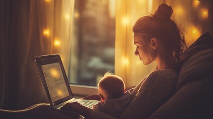 Young mother working from home while looking after her baby. Stay home, quarantine remote work