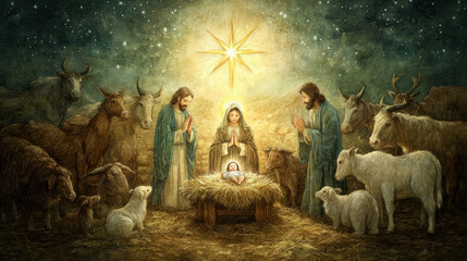 A tranquil nativity scene depicts Mary, Joseph, and baby Jesus surrounded by animals under a bright star, symbolizing peace and joy. © mangolovemom