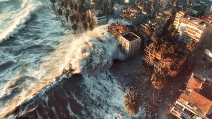Aerial view of a massive tsunami crashing into a coastal city, engulfing buildings and palm trees while causing widespread destruction during a hurricane
