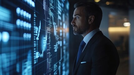 Fototapeta premium Business professional analyzing data on digital display in a modern office environment during evening hours