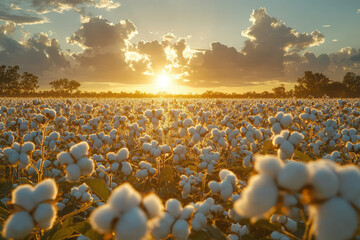 Obraz premium A serene cotton plantation at sunrise, with soft morning light illuminating the white cotton bolls across the vast fields,