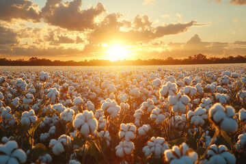 Fototapeta premium A serene cotton plantation at sunrise, with soft morning light illuminating the white cotton bolls across the vast fields,