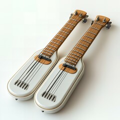 Two white electric guitars with wooden fretboards.