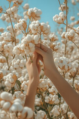 Naklejka premium A close-up of hands gently picking cotton, set against a backdrop of endless cotton plants under a pastel blue sky,