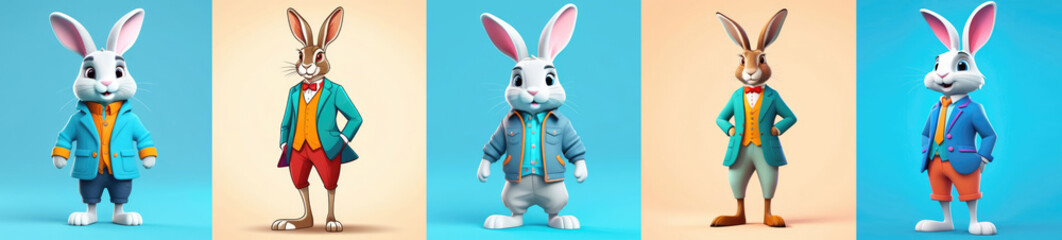 Large banner with rabbits (bunnies) dressed in business suits on light backgrounds. Easter banner concept for business