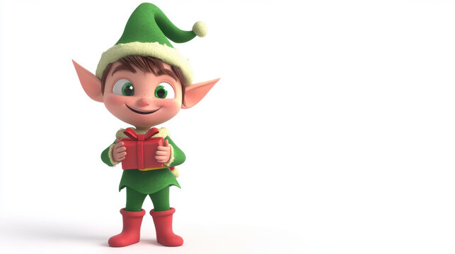 A cheerful elf character holding a red gift, wearing a green outfit and a festive hat, perfect for holiday themes.