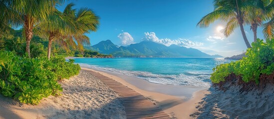 A serene beach scene with palm trees, mountains, and clear blue water under a sunny sky.