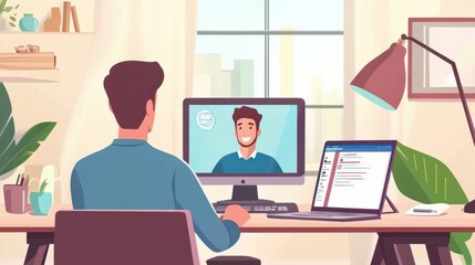 Online training. Young guy learns online by video conference in zoom app. On the screen, the teacher tells the information to him and other participants in the conference