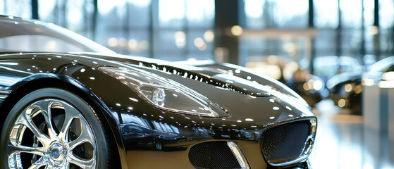 Sleek black luxury cars displayed in an upscale automobile showroom with a modern design and bright natural light