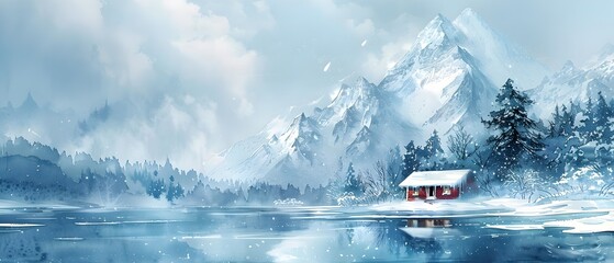 Cozy Wintertime Cabin in Serene Snowy Mountain Landscape Whimsical Watercolor Painting