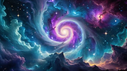 A mesmerizing cosmic swirl, blending vivid purples and blues, creating a stunning celestial scene with stars and swirling clouds, perfect for any space-themed project
